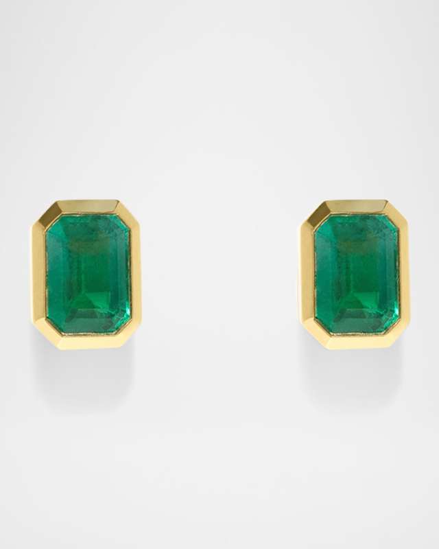 18K Yellow Gold Rich Medium Emerald Stud Earrings